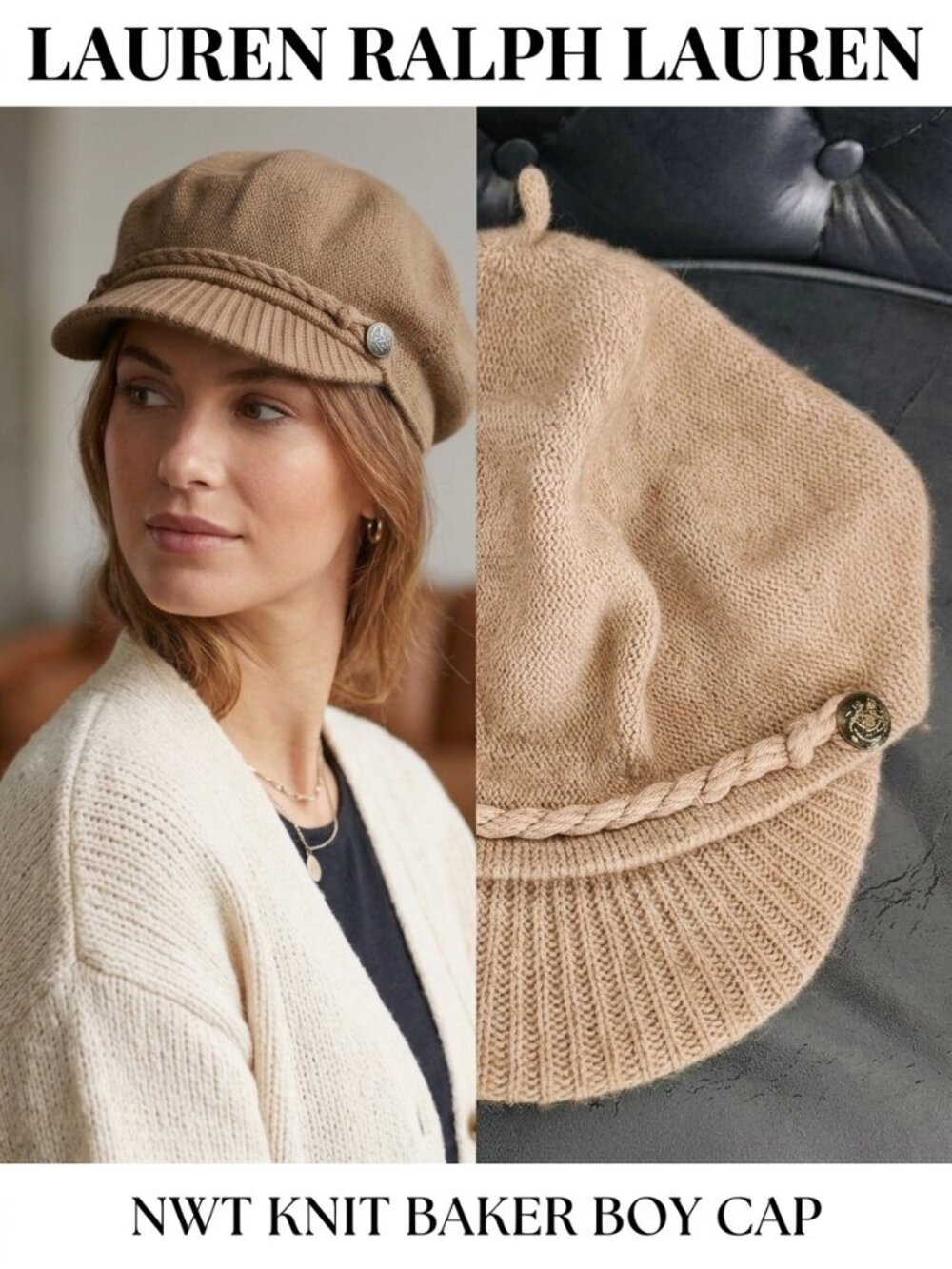 Lauren Ralph Lauren Knit Baker Boy Cap Hat Beige Tan
